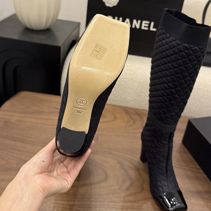 Quilted Fabric High Heel Boots With Patent Toe And Pocket