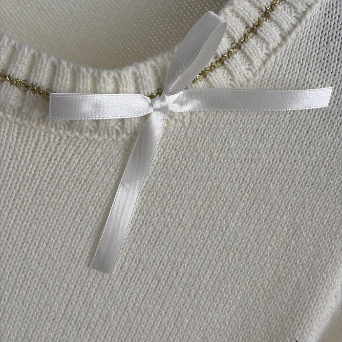 Metallic Jacquard Letter Print Bow Tie Long Sleeve Knit Top