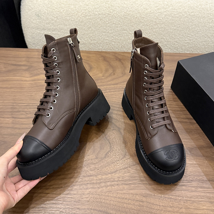 Brown Lace Up Chunky Lug Sole Boots With Black Toe Cap