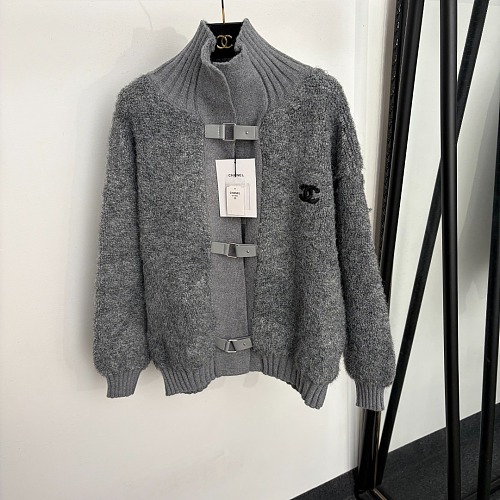 Metallic Buckle Embroidered Letter Mock Neck Knit Cardigan Jacket