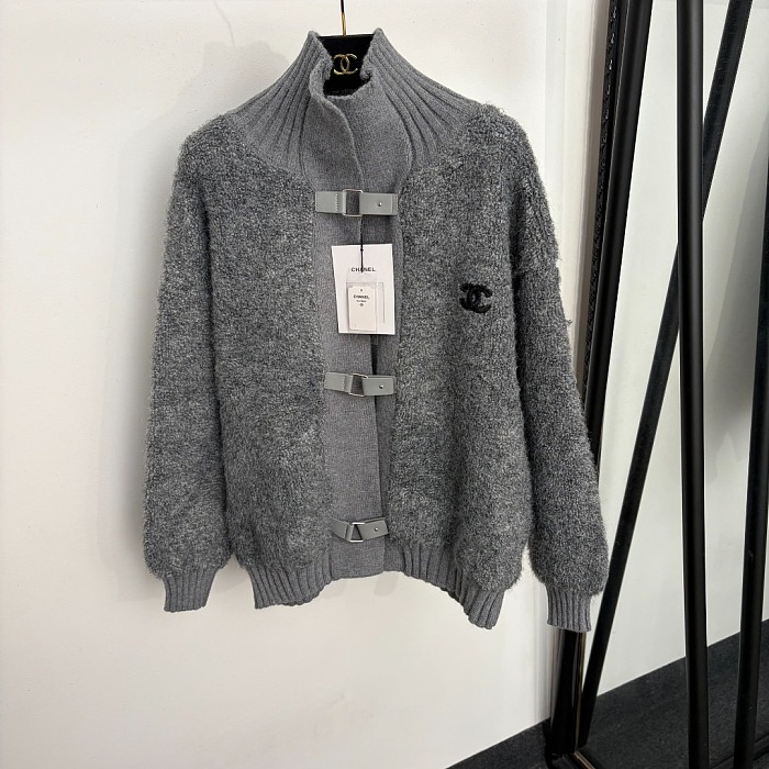 Metallic Buckle Embroidered Letter Mock Neck Knit Cardigan Jacket