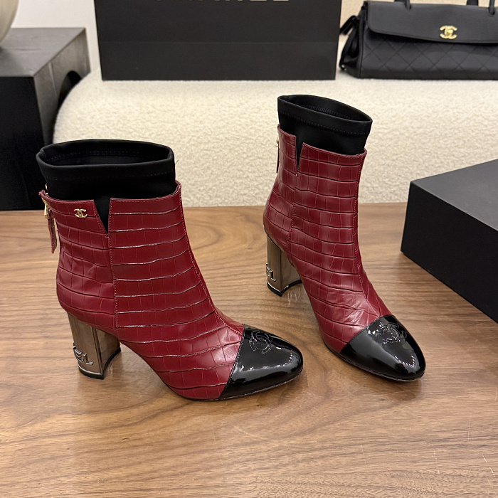 Two-Tone Croc-Embossed Patent Cap Toe Chunky Heel Ankle Boots