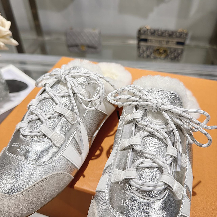 Silver Metallic Lace-Up Shearling Lined Mules