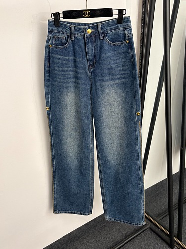 Side Letter Embroidered High Waist Straight Leg Denim Jeans