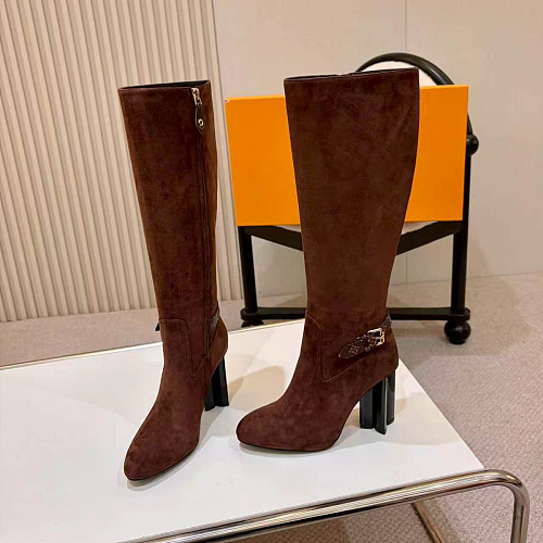 Chunky Heeled Suede Knee High Boots With Monogram Buckle