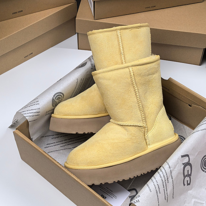 Yellow Suede Platform Mid-Calf Winter Boots