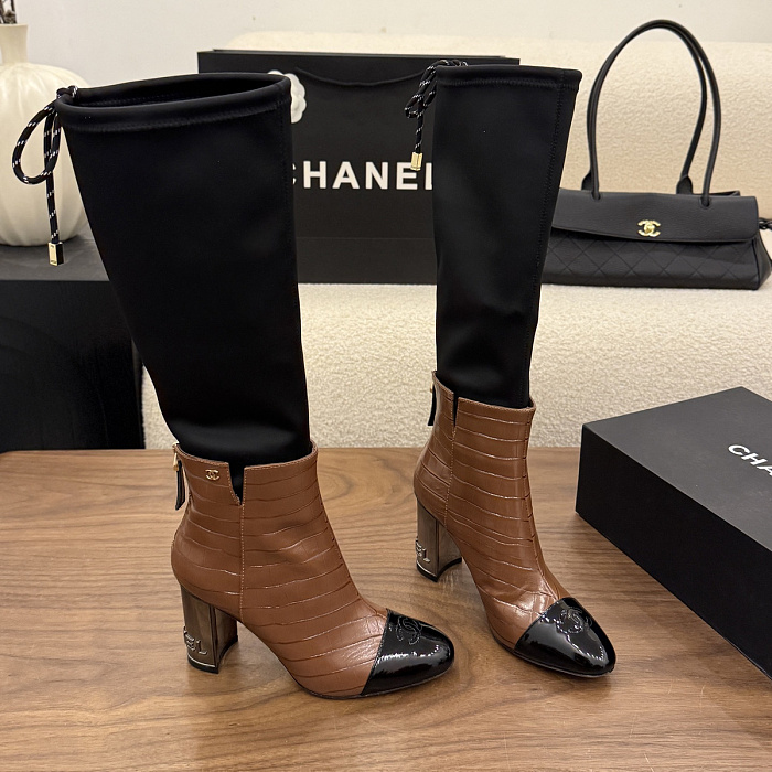 Chic Patchwork High Heel Boots With Black Stretch Shaft And Brown Crocodile Embossed Toe