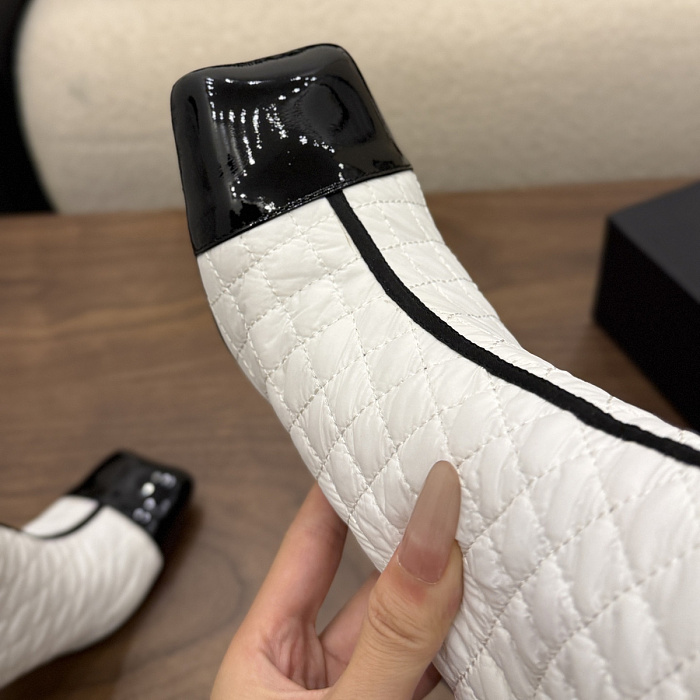 White Quilted Fabric High Heel Boots With Patent Toe And Pocket