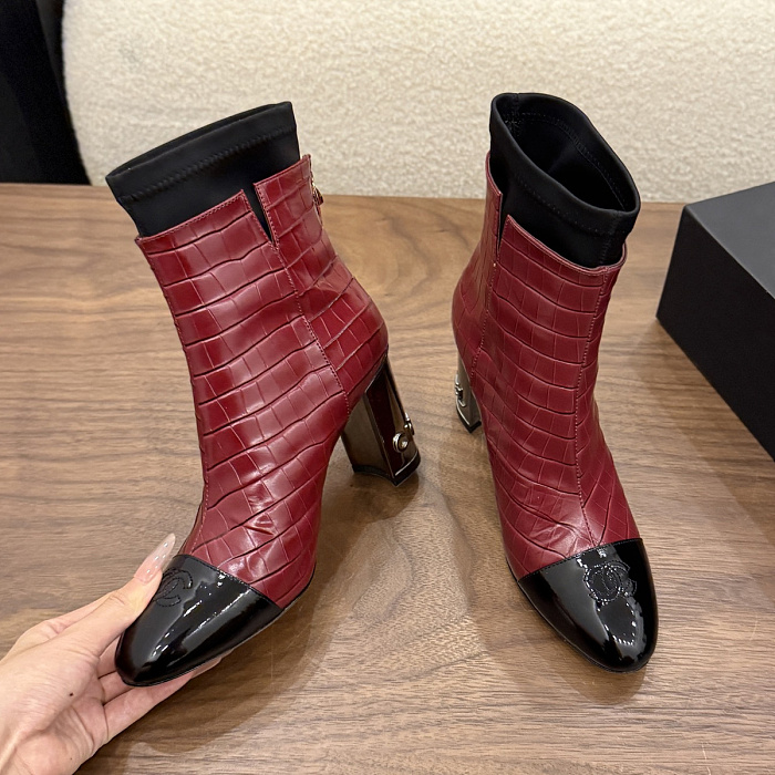 Two-Tone Croc-Embossed Patent Cap Toe Chunky Heel Ankle Boots