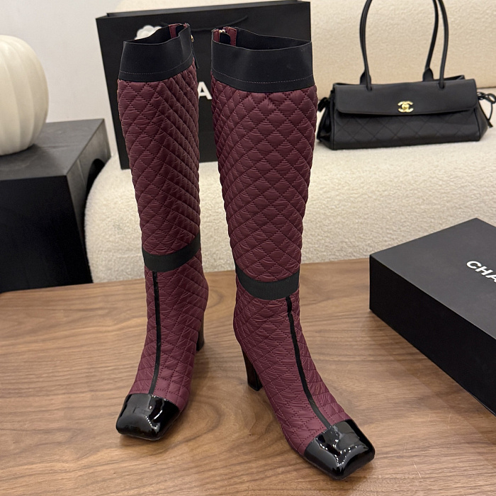 Quilted Fabric High Heel Long Boots With Pocket And Contrast Cap Toe
