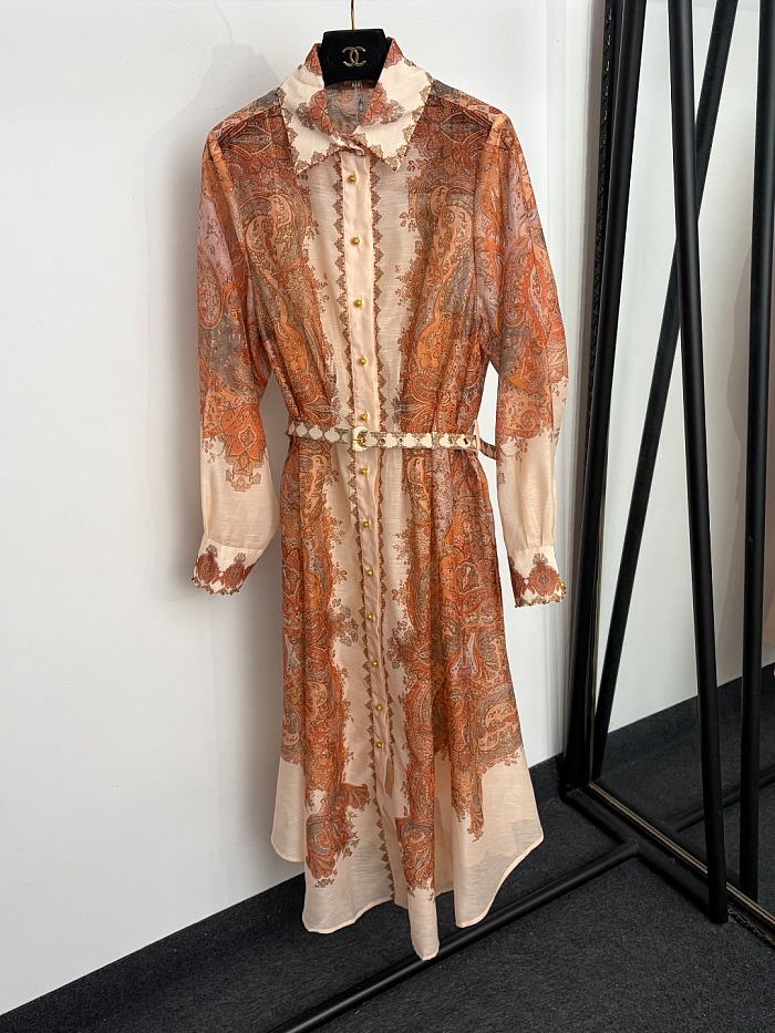 Vintage Floral Print Belted Maxi Shirt Dress With Slip