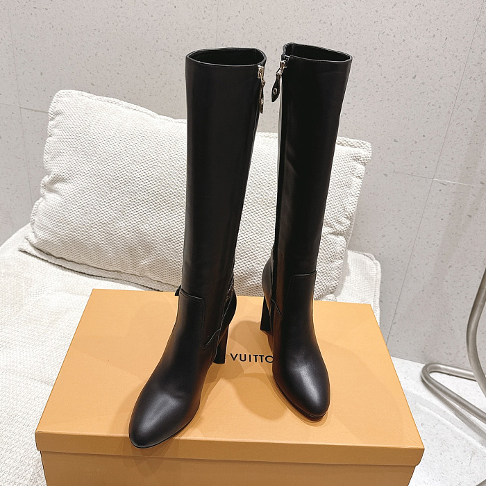 Chunky High Heel Leather Knee High Boots With Side Zip And Belt Detail