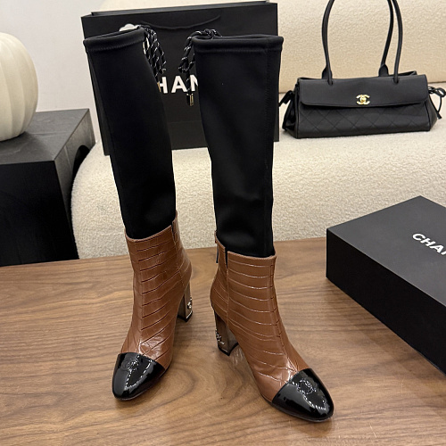 Chic Patchwork High Heel Boots With Black Stretch Shaft And Brown Crocodile Embossed Toe