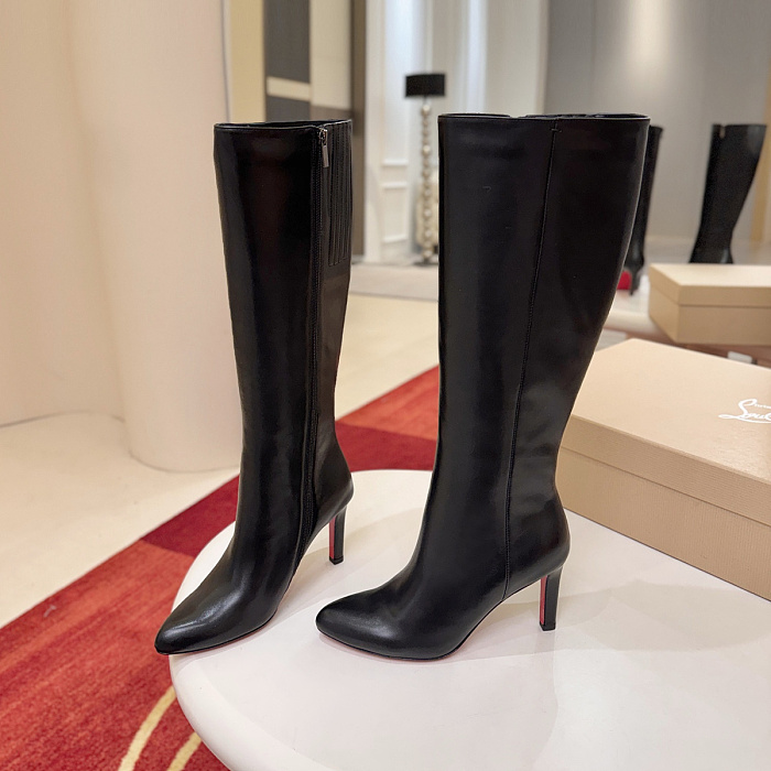 Black Pointed Toe Heeled Knee High Boots With Side Zipper