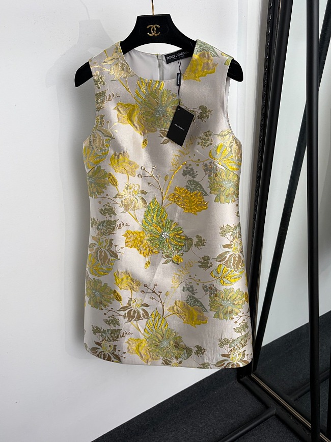 Beaded Embellished Metallic Jacquard Sleeveless Tank Mini Dress