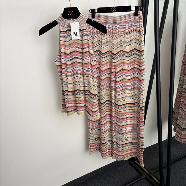 Ombre Striped Shimmer Knit Halter Top And Wide Leg Pants Set