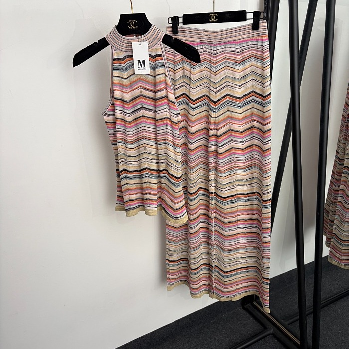 Ombre Striped Shimmer Knit Halter Top And Wide Leg Pants Set