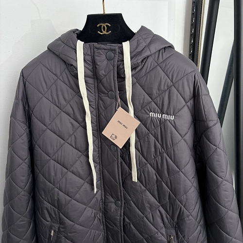 Letter Embroidered Argyle Quilted Long Sleeve Hooded Puffer Coat