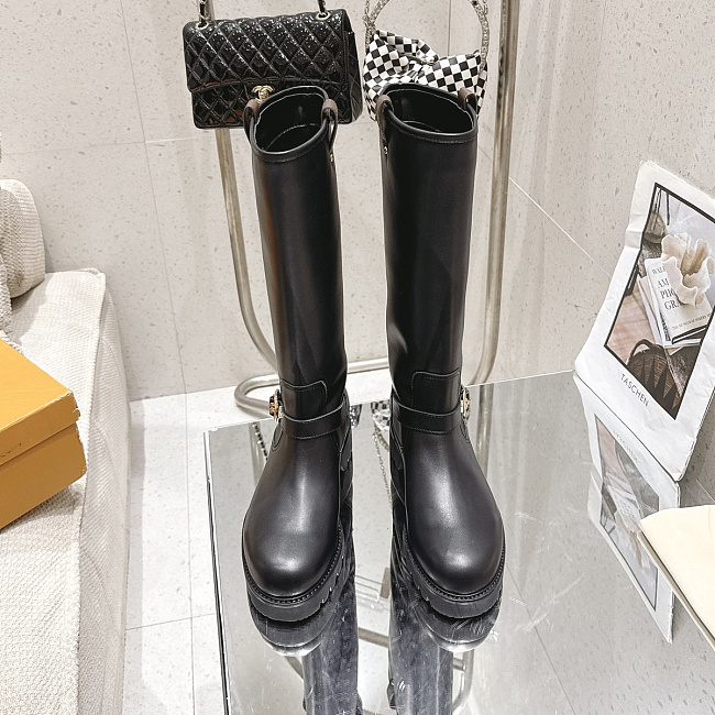 Chunky Lug Sole Knee High Boots With Monogram Detail