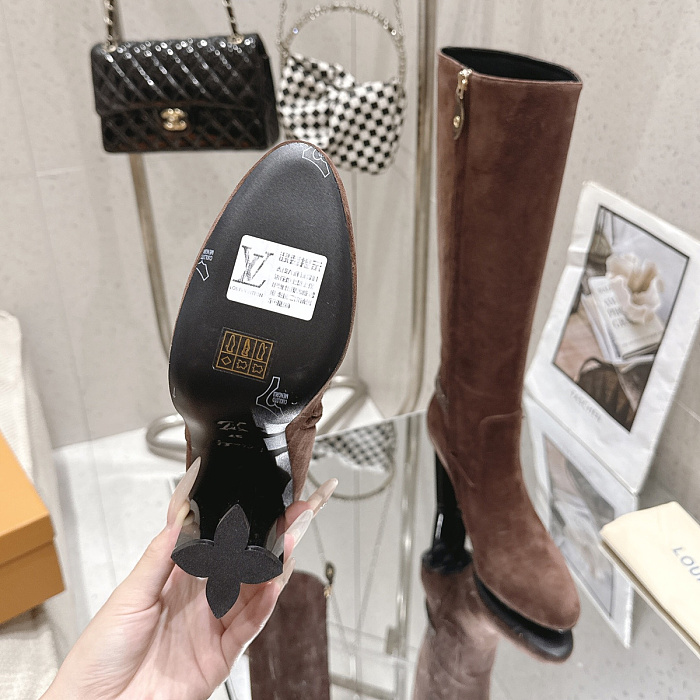 Brown Suede High Heel Knee High Boots With Side Zipper