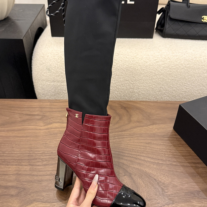 Chunky High Heel Two Tone Croc Embossed Stretch Boots
