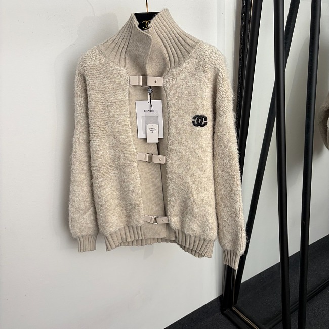 Metallic Buckle Ribbed Knit Turtleneck Cardigan Outerwear
