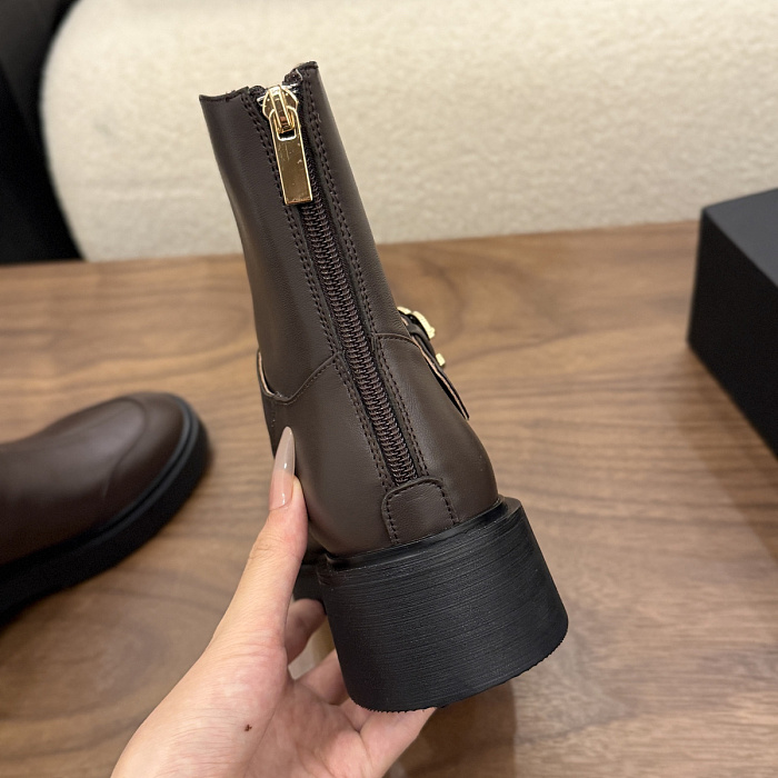Brown Leather Ankle Boots With Chunky Heel And Buckle