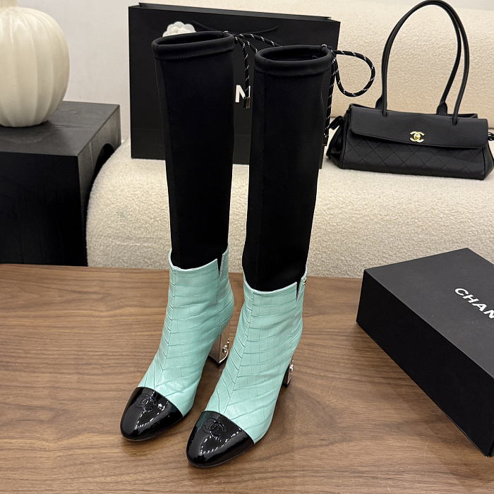 Chunky High Heel Two Tone Croc Embossed Long Boots with Black Stretch Shaft