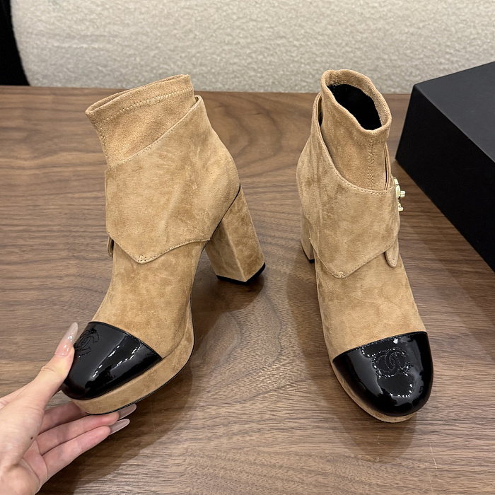 Chunky High Heel Suede and Patent Leather Ankle Boots with Buckle