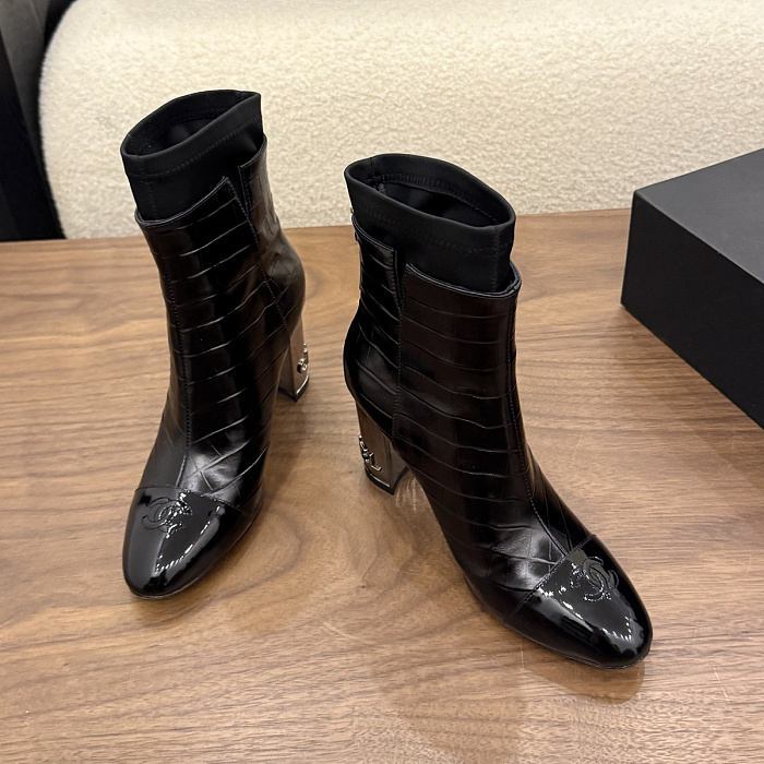 Black Patent Toe Croc Embossed High Heel Boots With Stretch Shaft