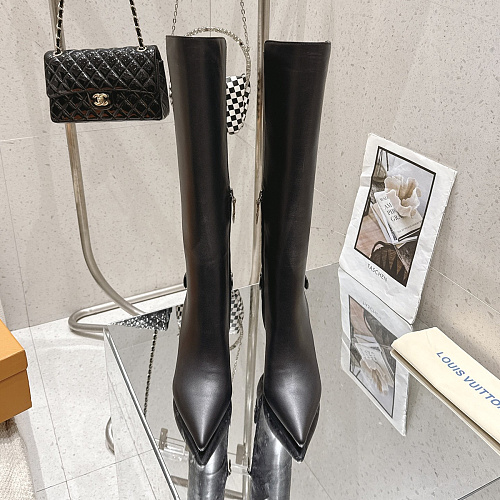 Pointed Toe High Heel Leather Knee High Boots