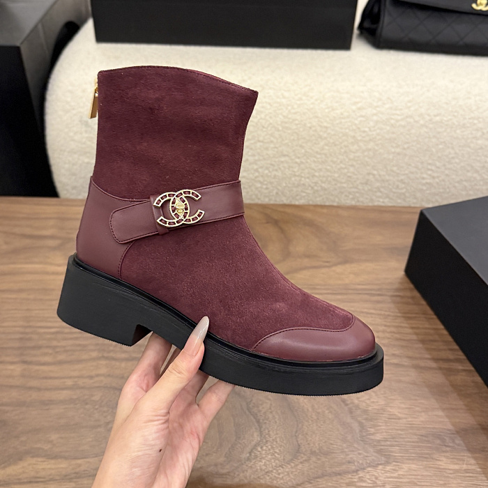 Burgundy Suede Chunky Heel Ankle Boots With Metal Buckle