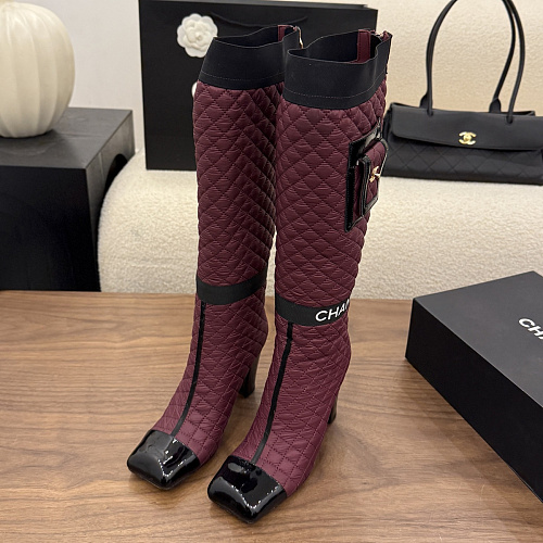 Quilted Fabric High Heel Long Boots With Pocket And Contrast Cap Toe