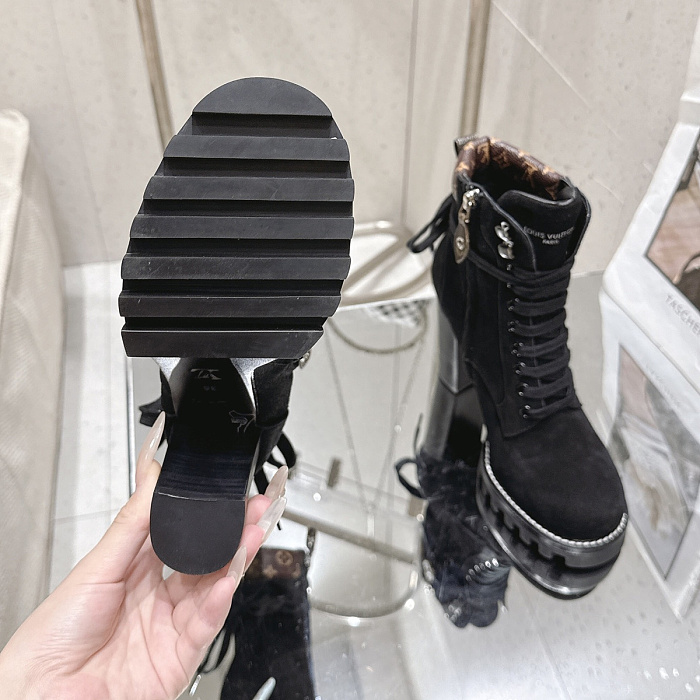 Black Suede Lace Up Chunky Heel Lug Sole Ankle Boots