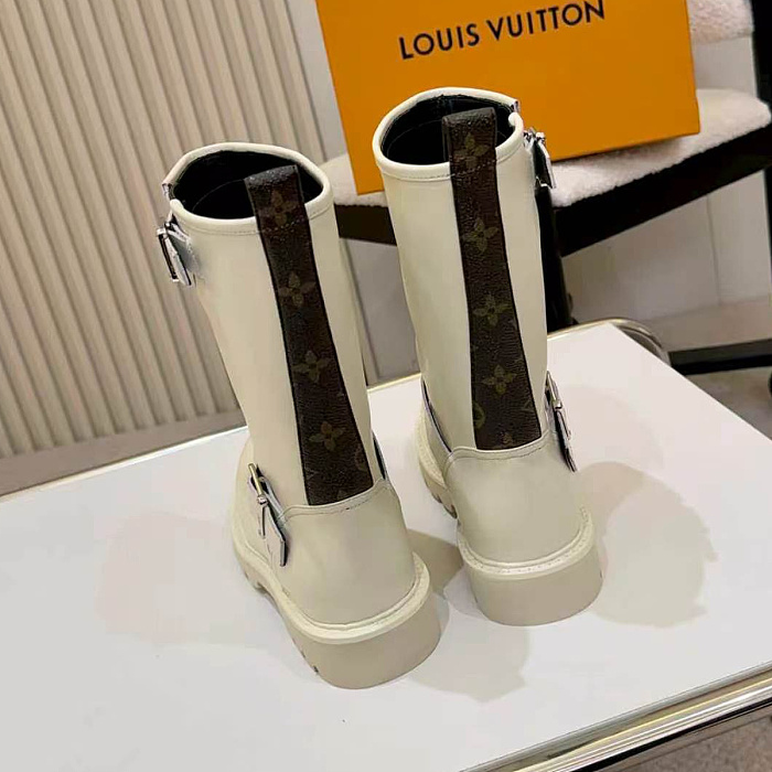White Leather Lug Sole Mid-Calf Boots With Buckle Strap
