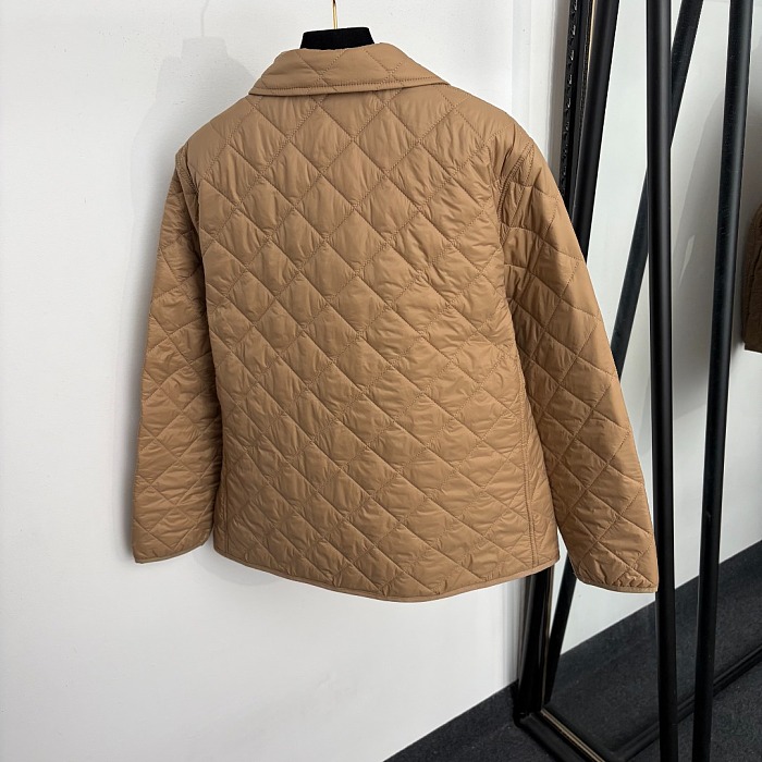 Diamond Quilted Plaid Lining Turn-Down Collar Cotton Puffer Jacket