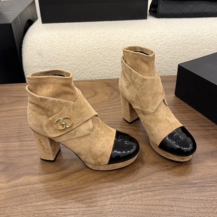 Chunky High Heel Suede and Patent Leather Ankle Boots with Buckle