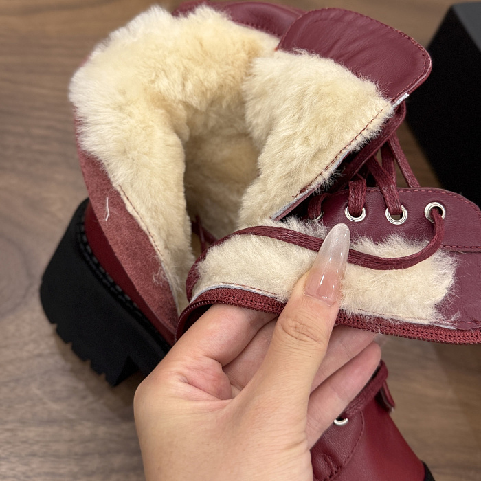 Burgundy Contrast Cap Toe Lace Up Chunky Boots