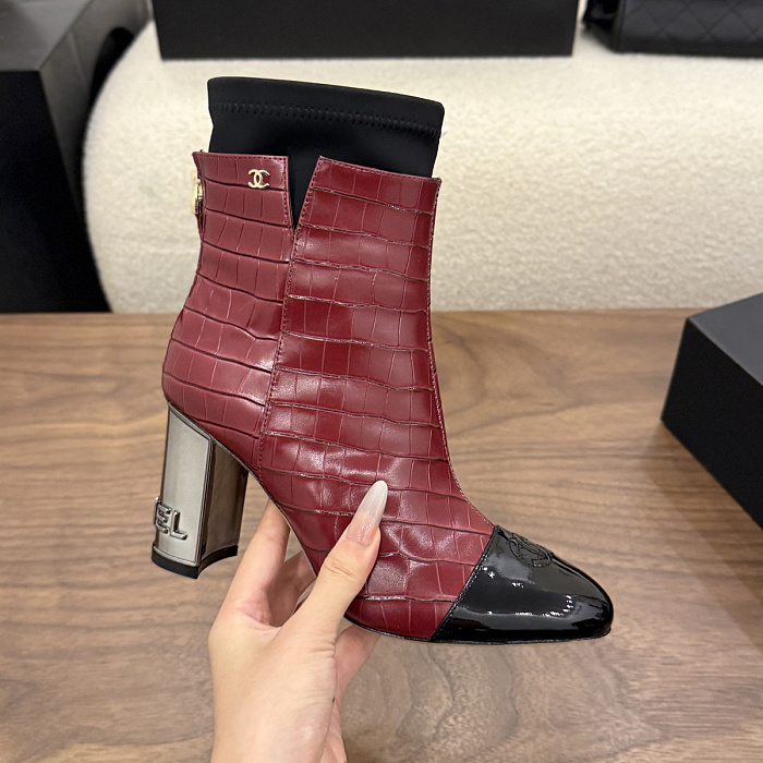 Two-Tone Croc-Embossed Patent Cap Toe Chunky Heel Ankle Boots