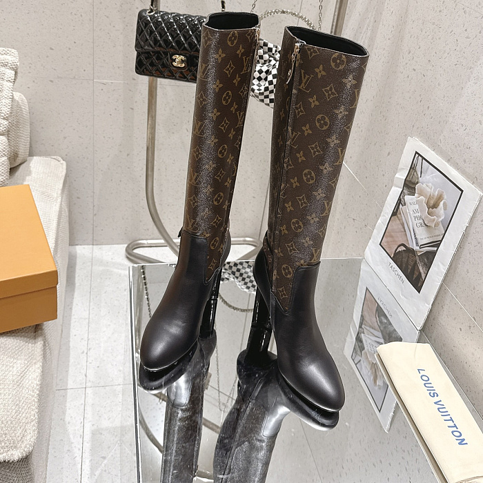 Monogram Print And Black Leather Chunky Heel High Boots