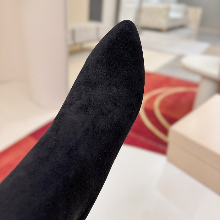 Black Suede Pointed Toe High Heel Knee High Boots With Side Zip