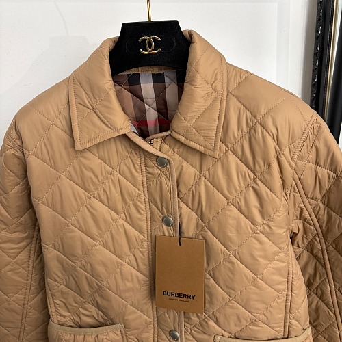 Diamond Quilted Plaid Lining Turn-Down Collar Cotton Puffer Jacket