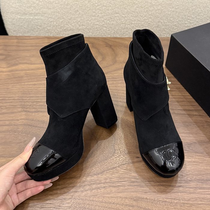 Black Suede Patent Cap Toe Chunky Heel Ankle Boots