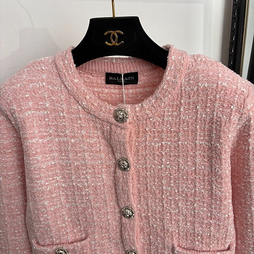 Textured Lion Button Pink Tweed Knit Cardigan