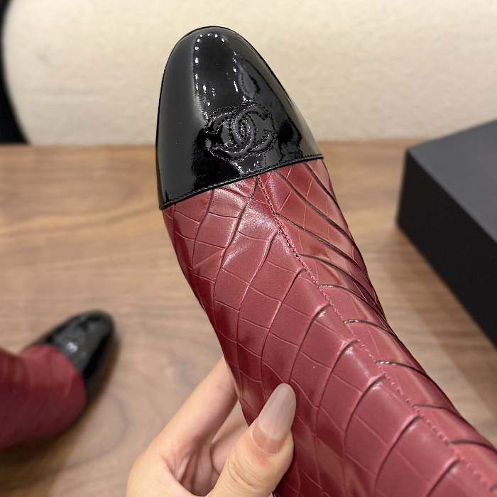 Two-Tone Croc-Embossed Patent Cap Toe Chunky Heel Ankle Boots