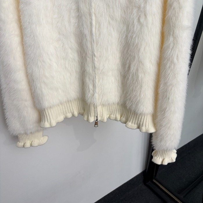 Beaded Icon Detail Lettuce Trim Zip Up Fluffy Knit Cardigan