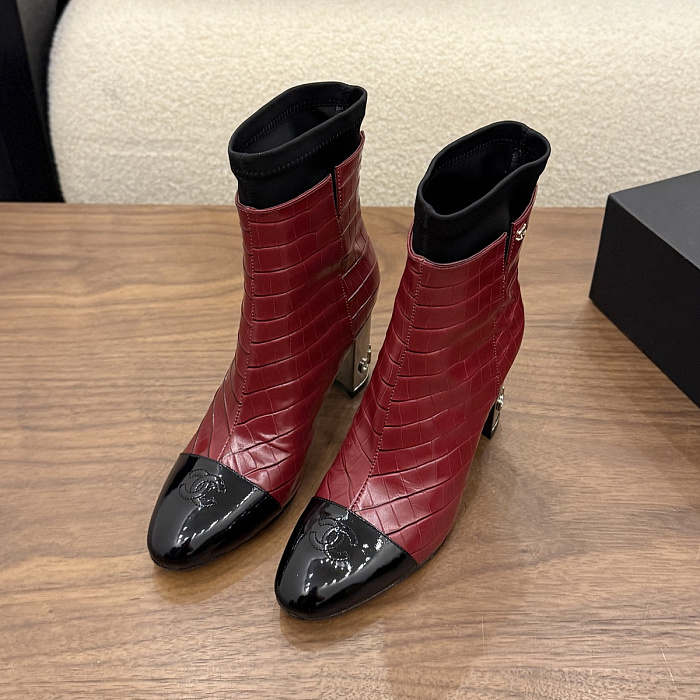 Two-Tone Croc-Embossed Patent Cap Toe Chunky Heel Ankle Boots