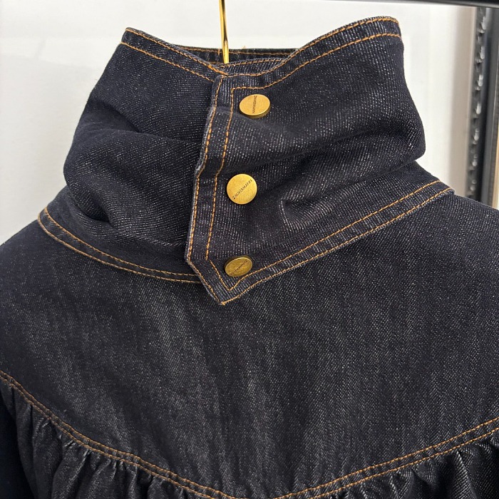 Letter Button Stand Collar Long Sleeve Denim Jacket With Scarf