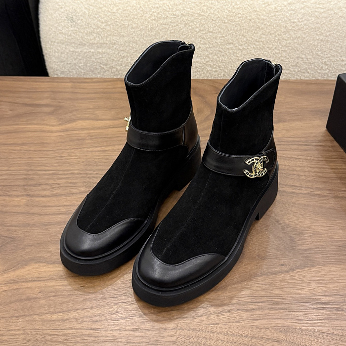 Black Suede Chunky Heel Ankle Boots With Metal Buckle
