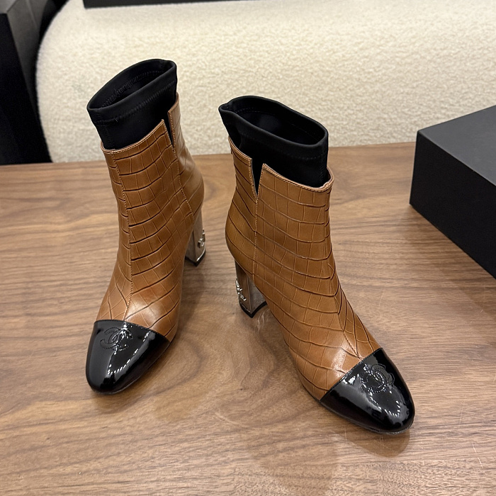 Caramel Brown Crocodile Embossed Patent Toe Block Heel Boots